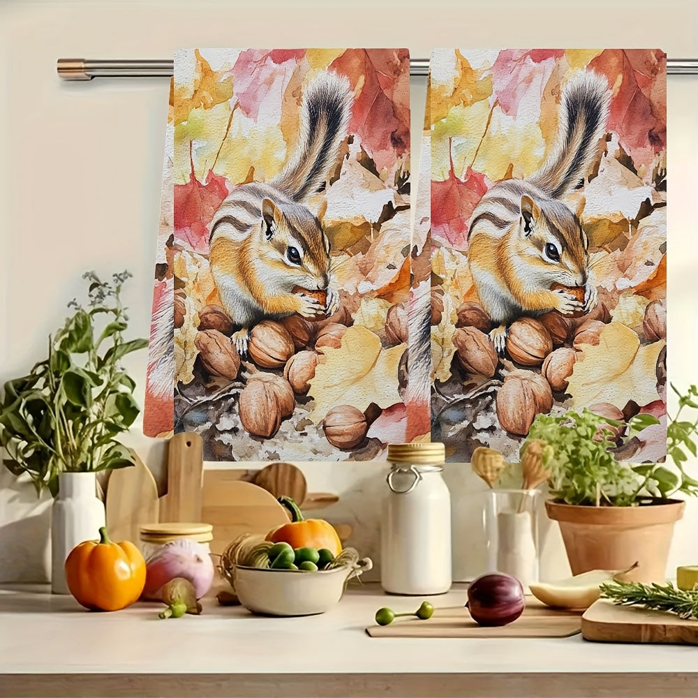 Set of 2 Ultra Soft Kitchen Towels with Chipmunk and Autumn Nuts Design, 40x60 cm