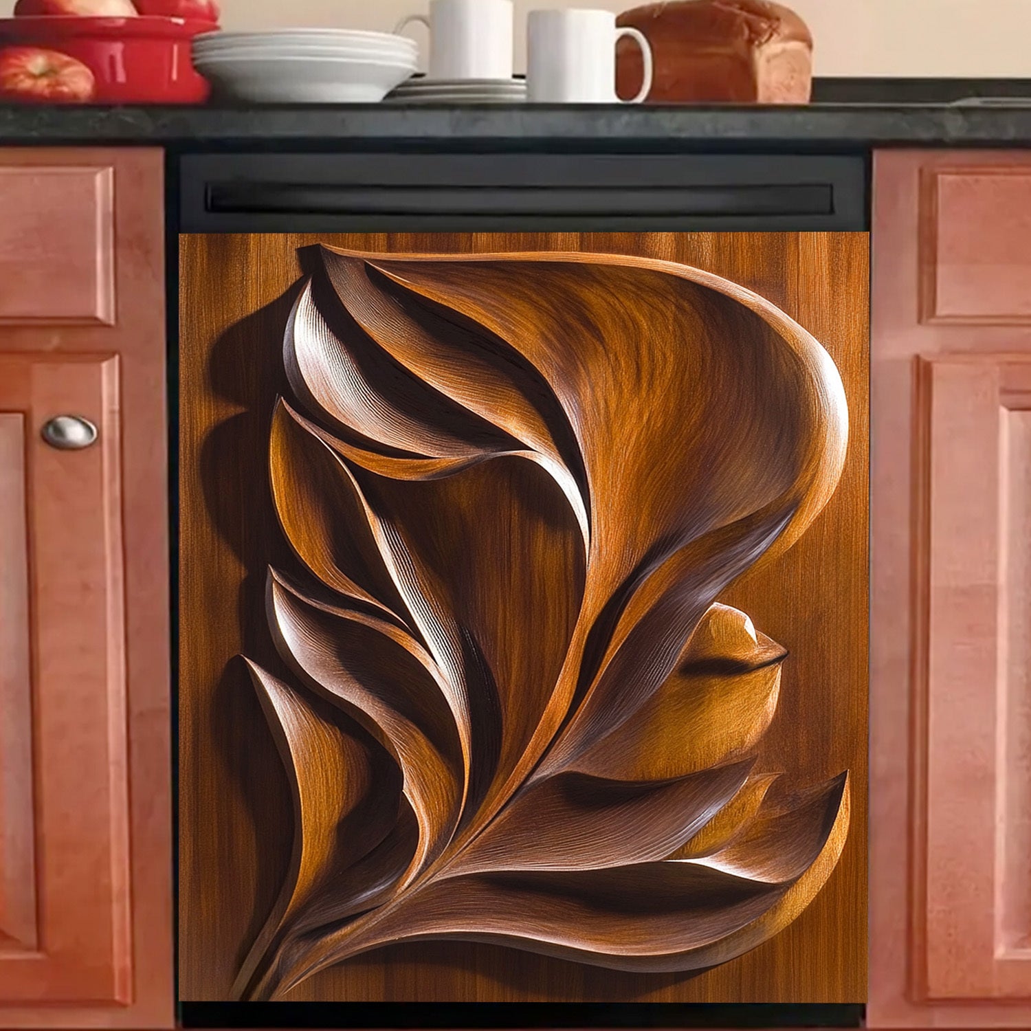 Yog'och barg dizayni dishwasher magnit qopqog'i, suv o'tkazmaydigan, issiqlikka chidamli metall panel stiker