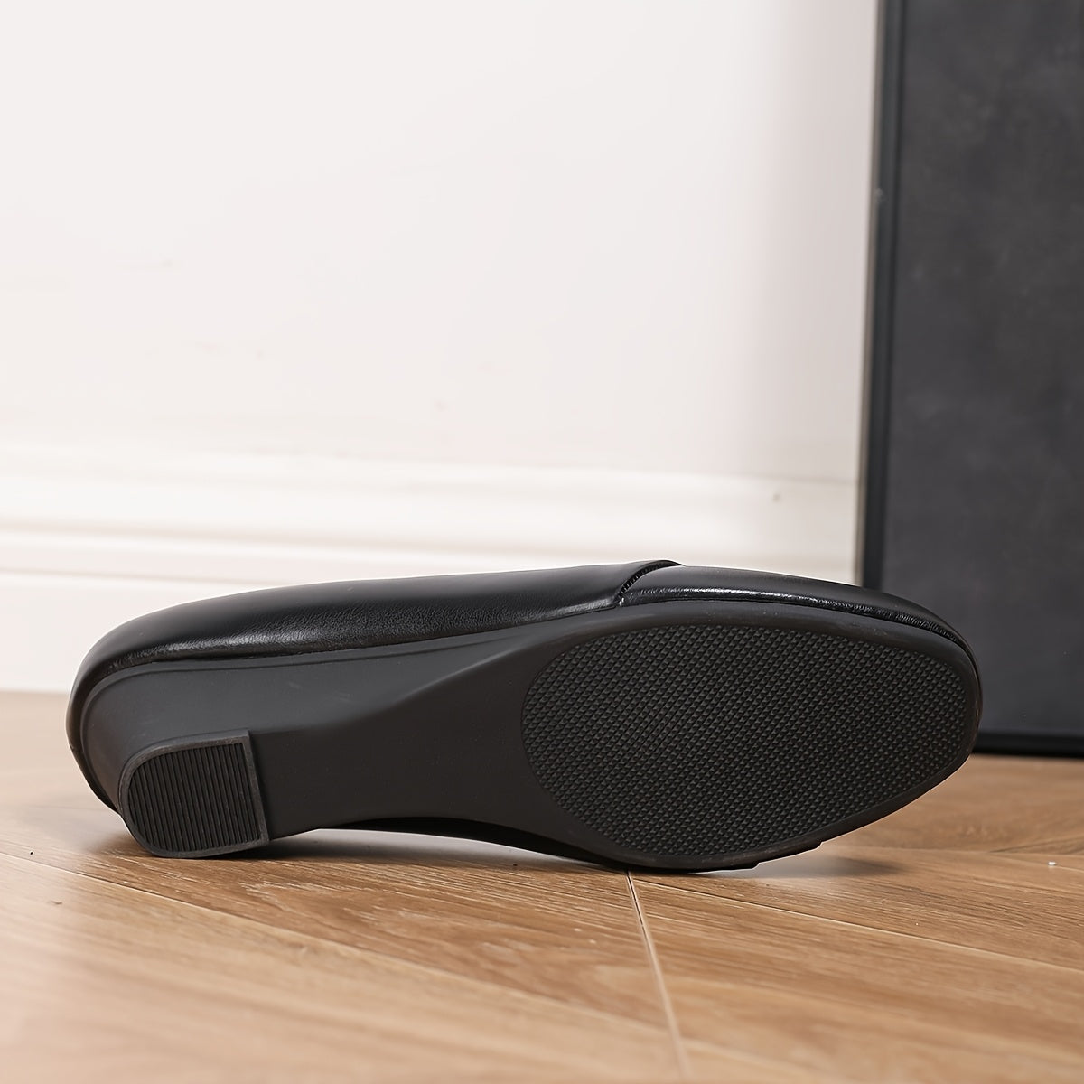 Zapatos de mujer tipo slip-on con punta cuadrada y tacón grueso, negros, cómodos para el trabajo