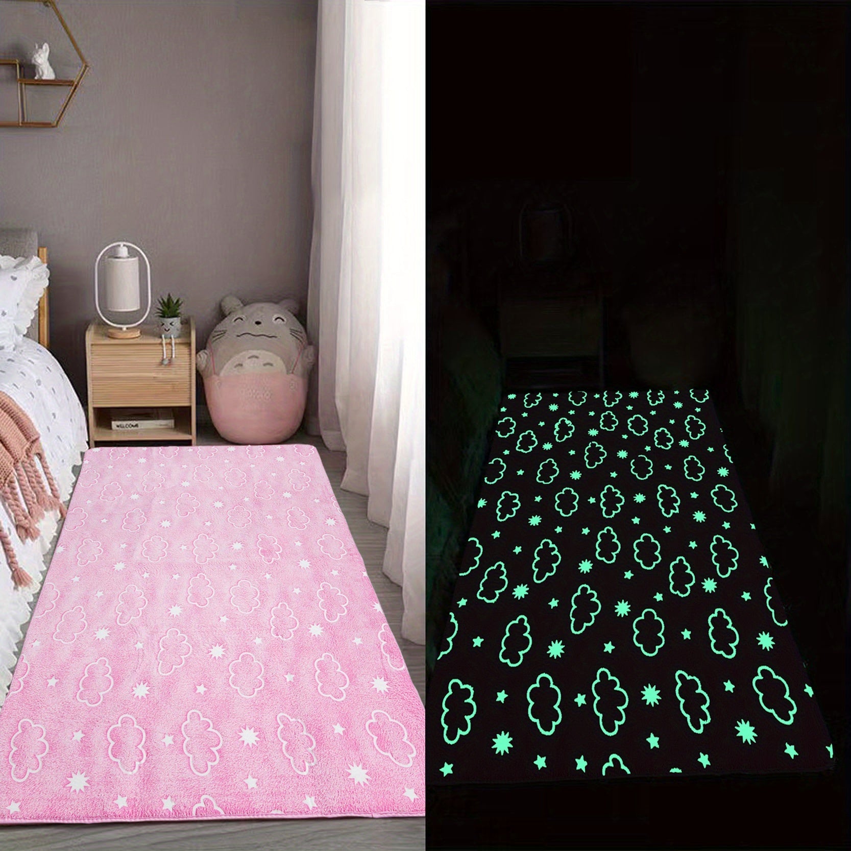 Alfombra de área de felpa luminosa y esponjosa con luna que brilla en la oscuridad y tapete de espuma viscoelástica para la cama