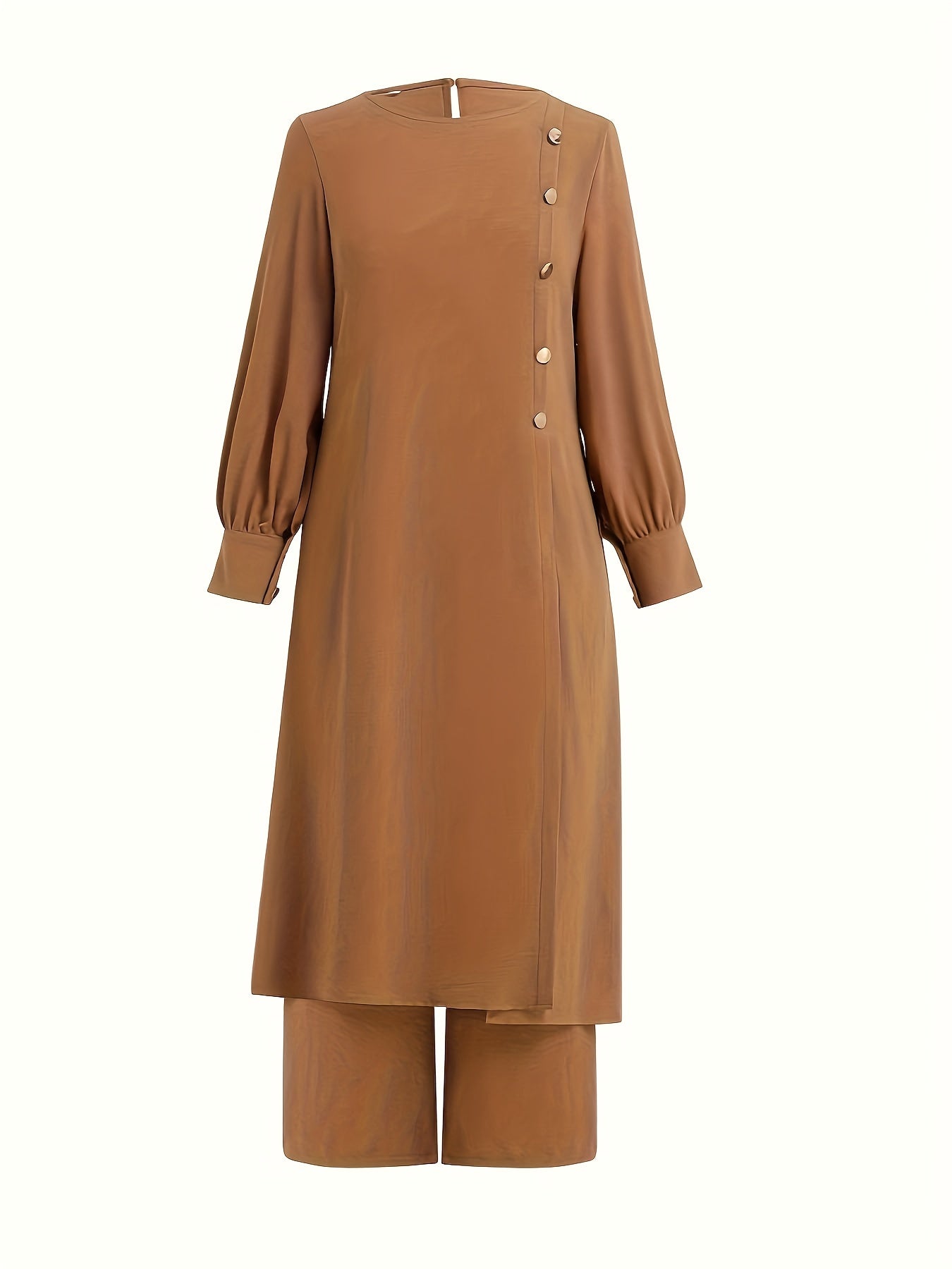 Conjunto de dos piezas de poliéster negro con mangas de farol y pantalones de pierna ancha para mujer