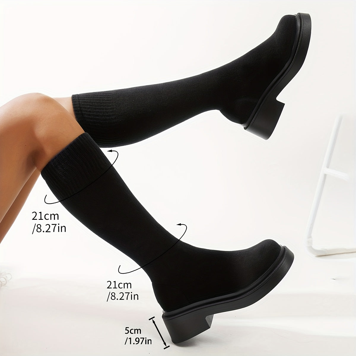 Women's Black Knitted Mid-Calf Combat Boots with Thick Soles