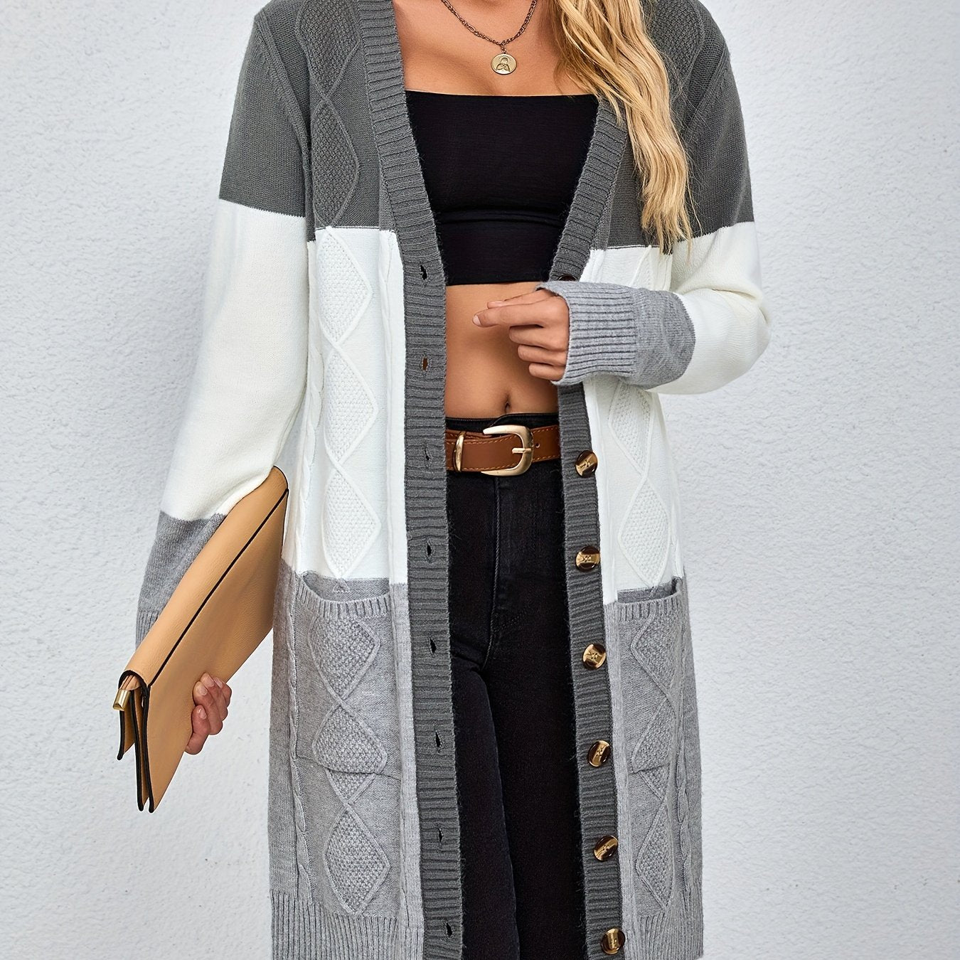 Women's Color Block V-Neck Knit Cardigan with Long Sleeves