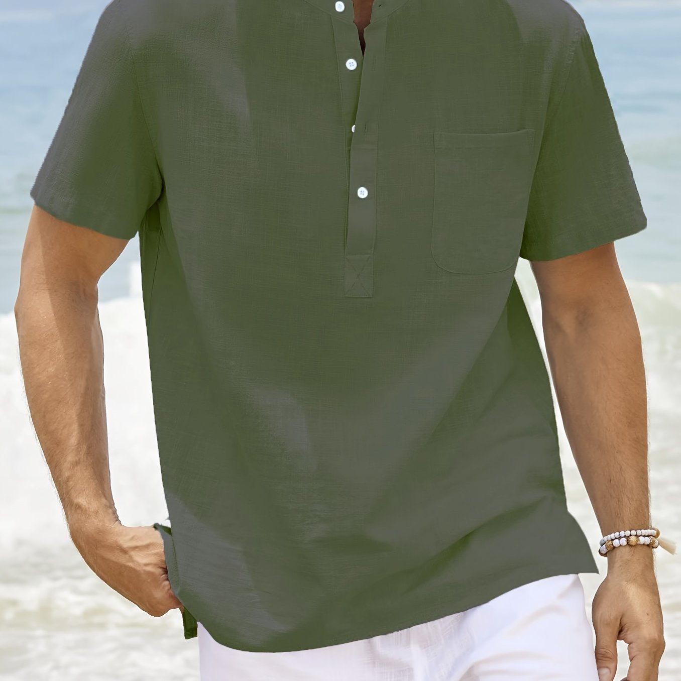 Men's Cotton Blend Short Sleeve Shirt with Stand Collar Pocket Solid Plus Size
