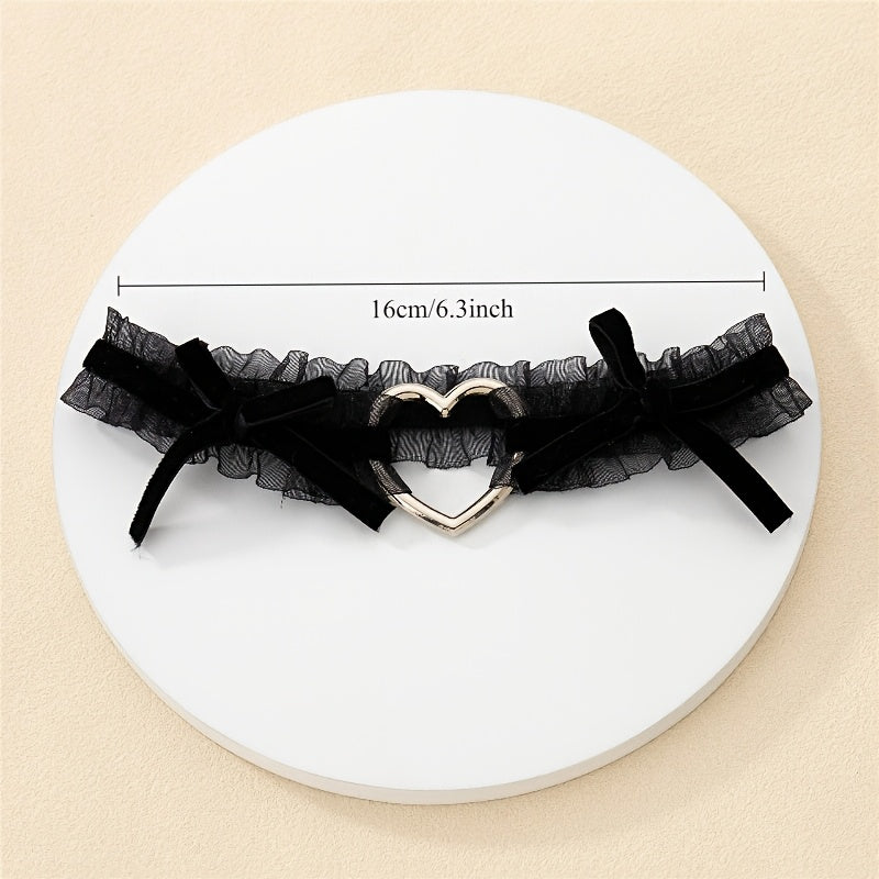 Black Lace Thigh Ring with Heart Pendant and Pink Bow for Women Elastic Leg Jewelry