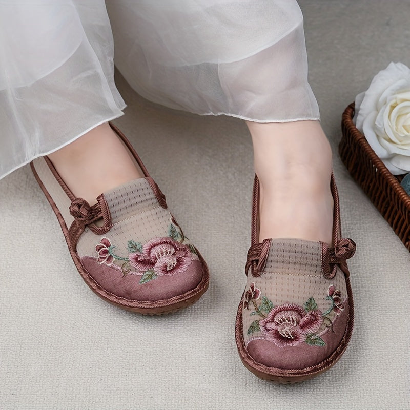 Women's Flat Shoes with Flower Pattern Ethnic Style Breathable Mesh Slip-On Casual Summer