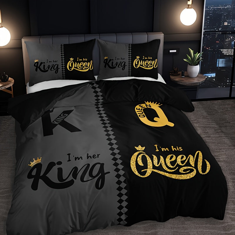 Black and Grey Duvet Cover Set with Crown Lettering Design Includes 1 Duvet Cover and 2 Pillowcases