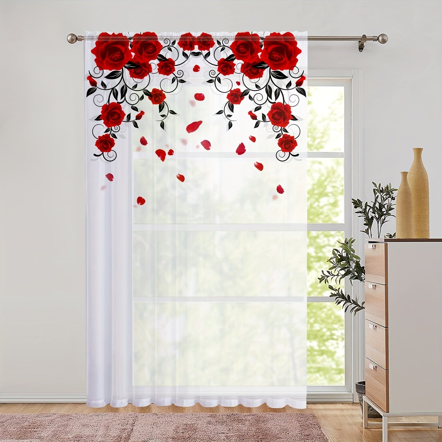 Red Rose Printed Curtain with Rod Pocket for Bedroom Living Room Kitchen Home Decor