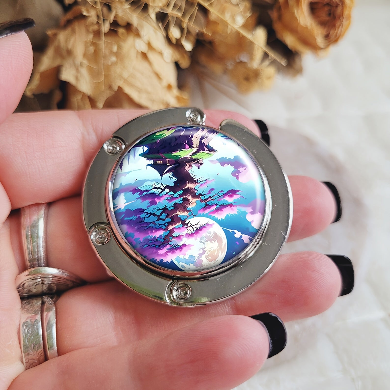 Folding Metal Purse Hanger with Cherry Blossom Tree and Moon Design Portable Handbag Hook Stylish Bag Holder