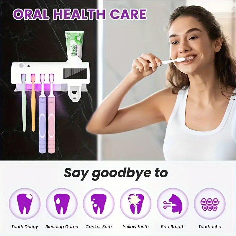 UV Sterilizer Toothbrush Holder Wall Mount with 4 Slots and Toothpaste Dispenser