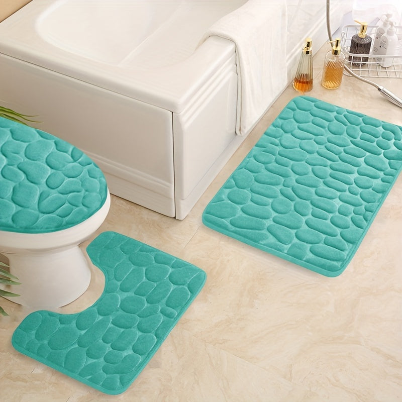 Set of 3 Memory Foam Bathroom Rugs Non-Slip Absorbent Cobblestone Design