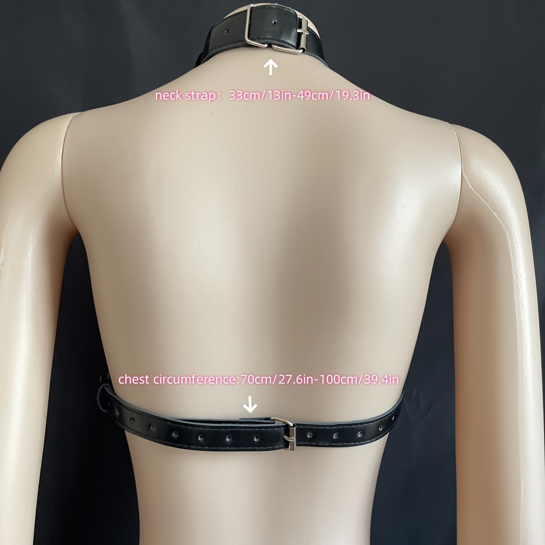 Ayollar uchun sozlanadigan bog‘lovchi qafasli bo‘yinbog‘i va ko‘krak qafasi, qora charm ko‘rinishida, metall halqalar bilan