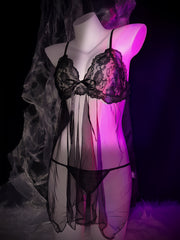 Women’s Lace Sheer Lingerie Set with Bow Cami Dress and Thong