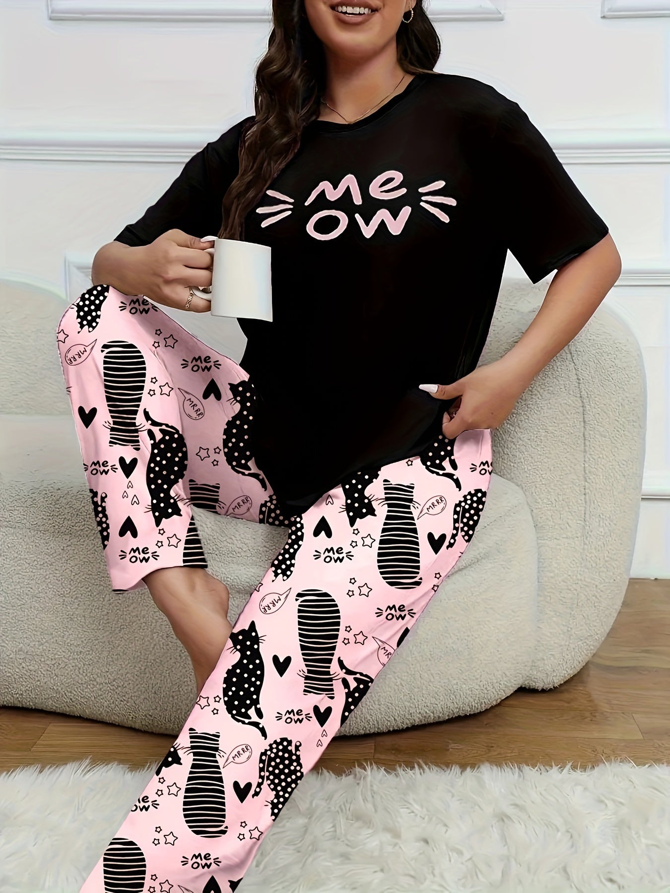 Women's Plus Size Cartoon Cat Print Pajama Set Short Sleeve Lounge
