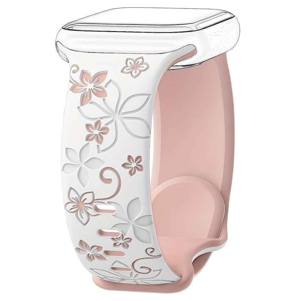 Waterproof Floral Silicone Watch Band with Butterfly Clasp for Apple Watch Series 1-10 SE in Multiple Colors