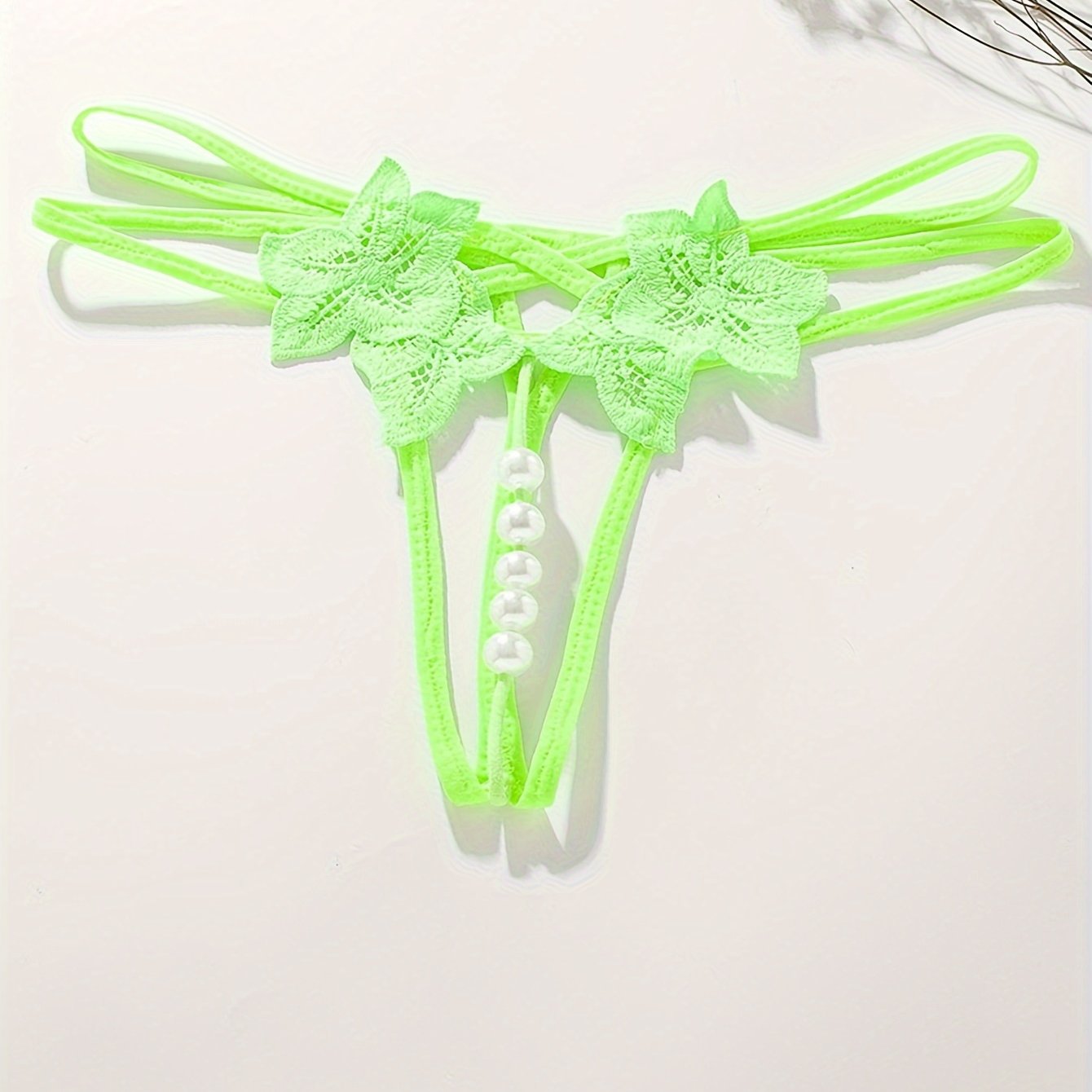 Women's Black Sheer Polyester Thongs with Floral Embroidery and Pearl Accents