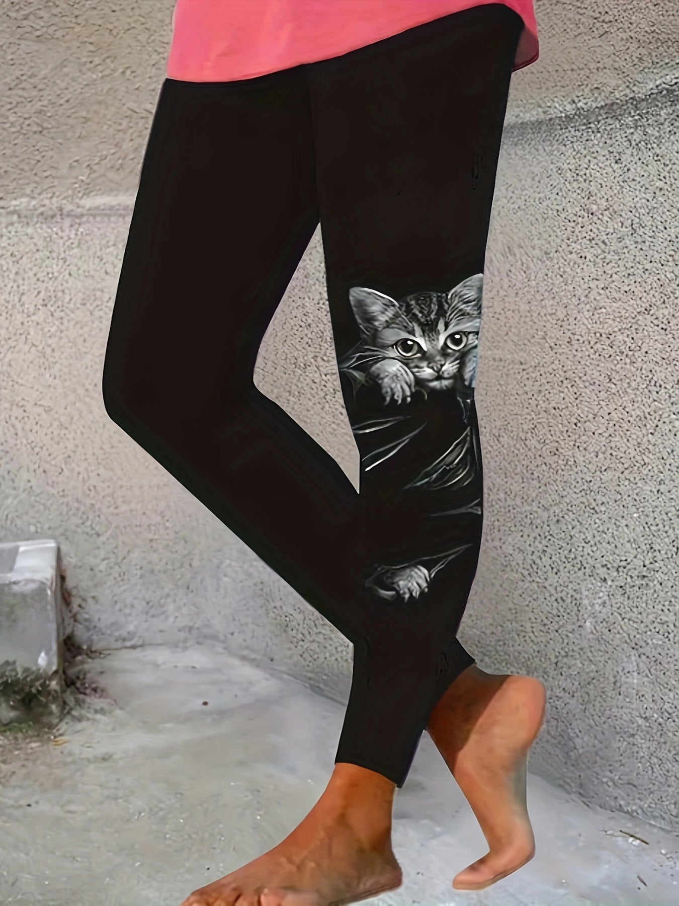 Leggings ajustados con estampado de gatos talla grande para mujer, pantalones casuales y elásticos