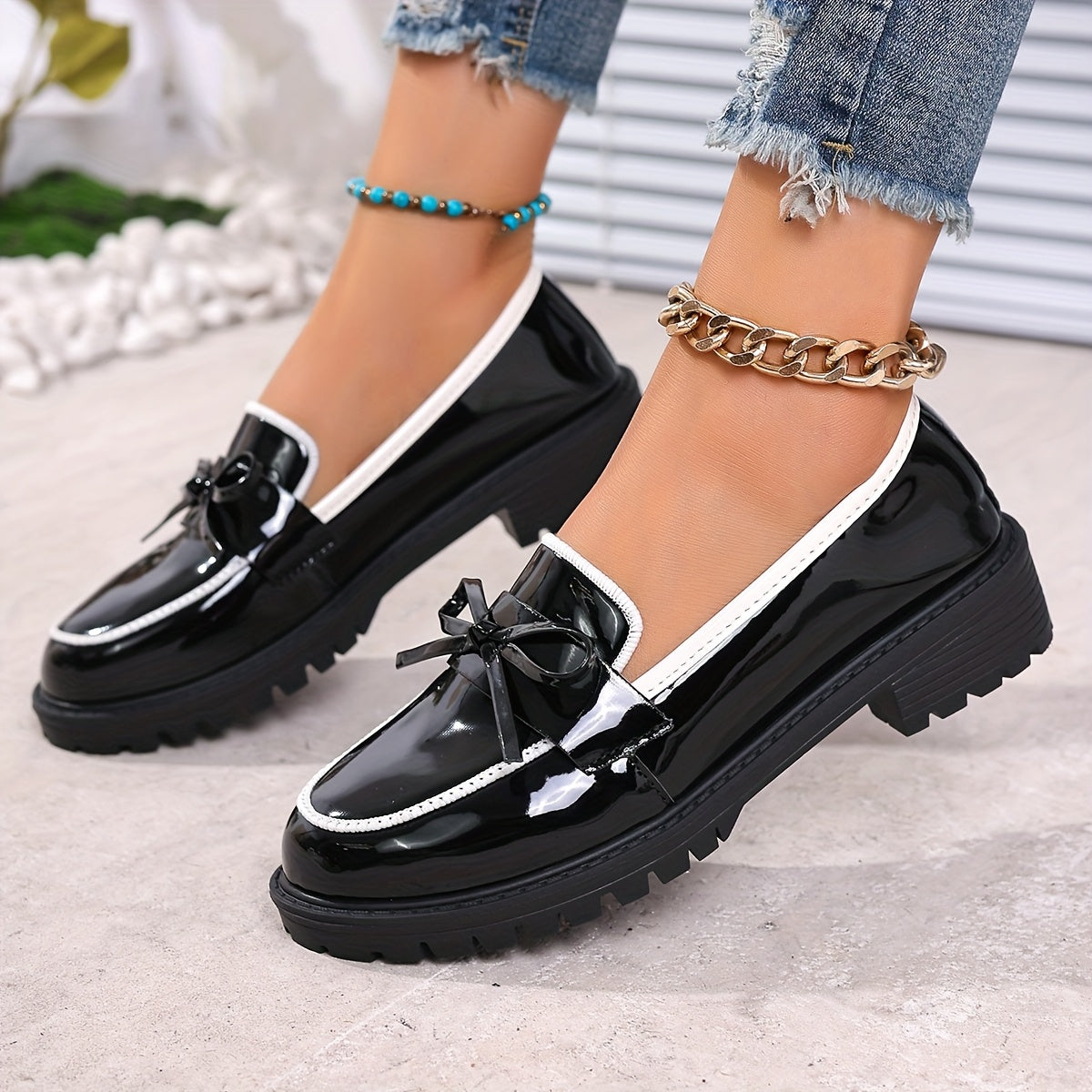 Women's Leather Tassel Loafers with Chunky Heel and Bowknot