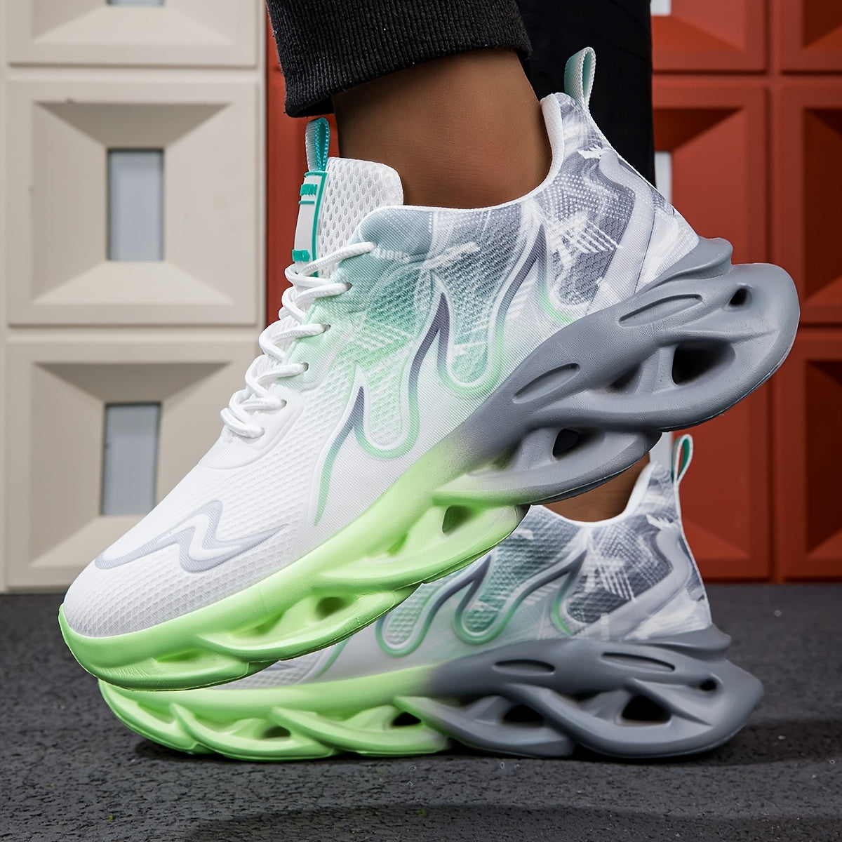 Men's Black and White Breathable Mesh Sneakers with Thick Sole and Geometric Pattern