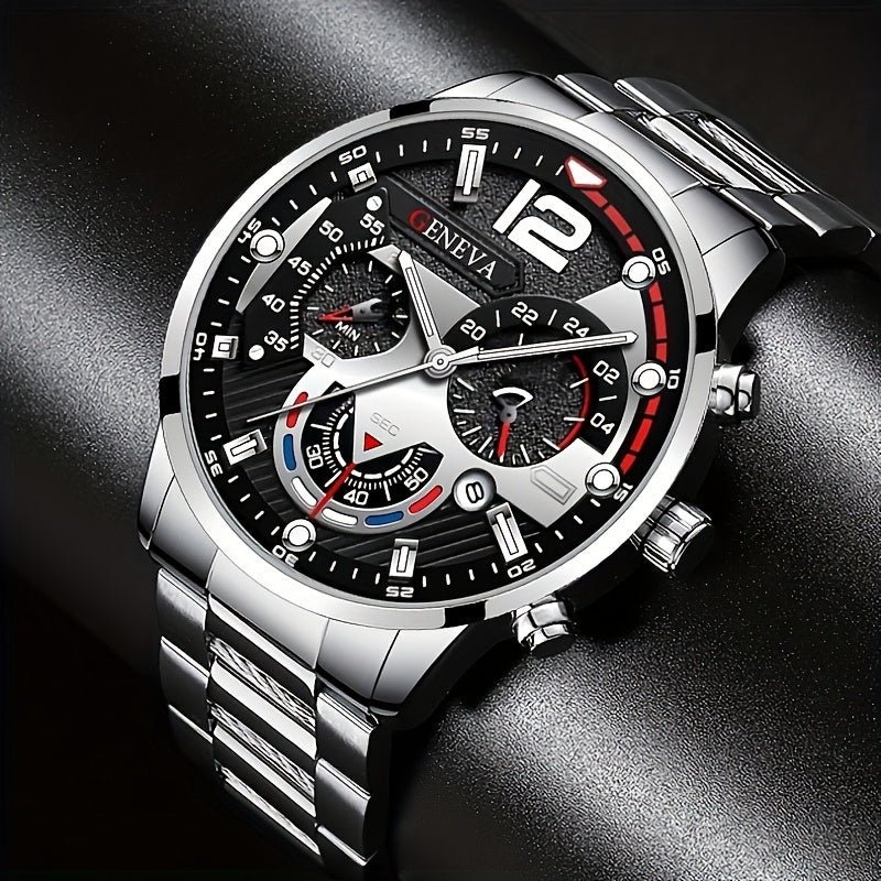 Men's Stainless Steel Quartz Watch with Calendar and Business Bracelet