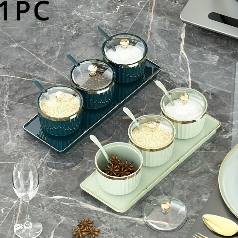 Kitchen Spice Storage Set Plastic Salt Sugar Oil Jar with Spoon and Covered Jars