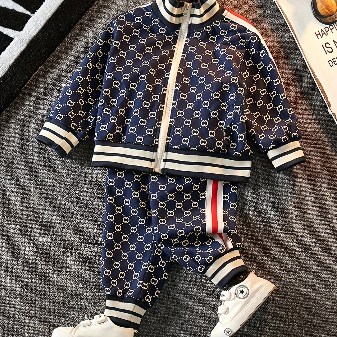 Kids Boys Geometric Print Zip-Up Varsity Jacket and Casual Pants Set for Outdoor Play
