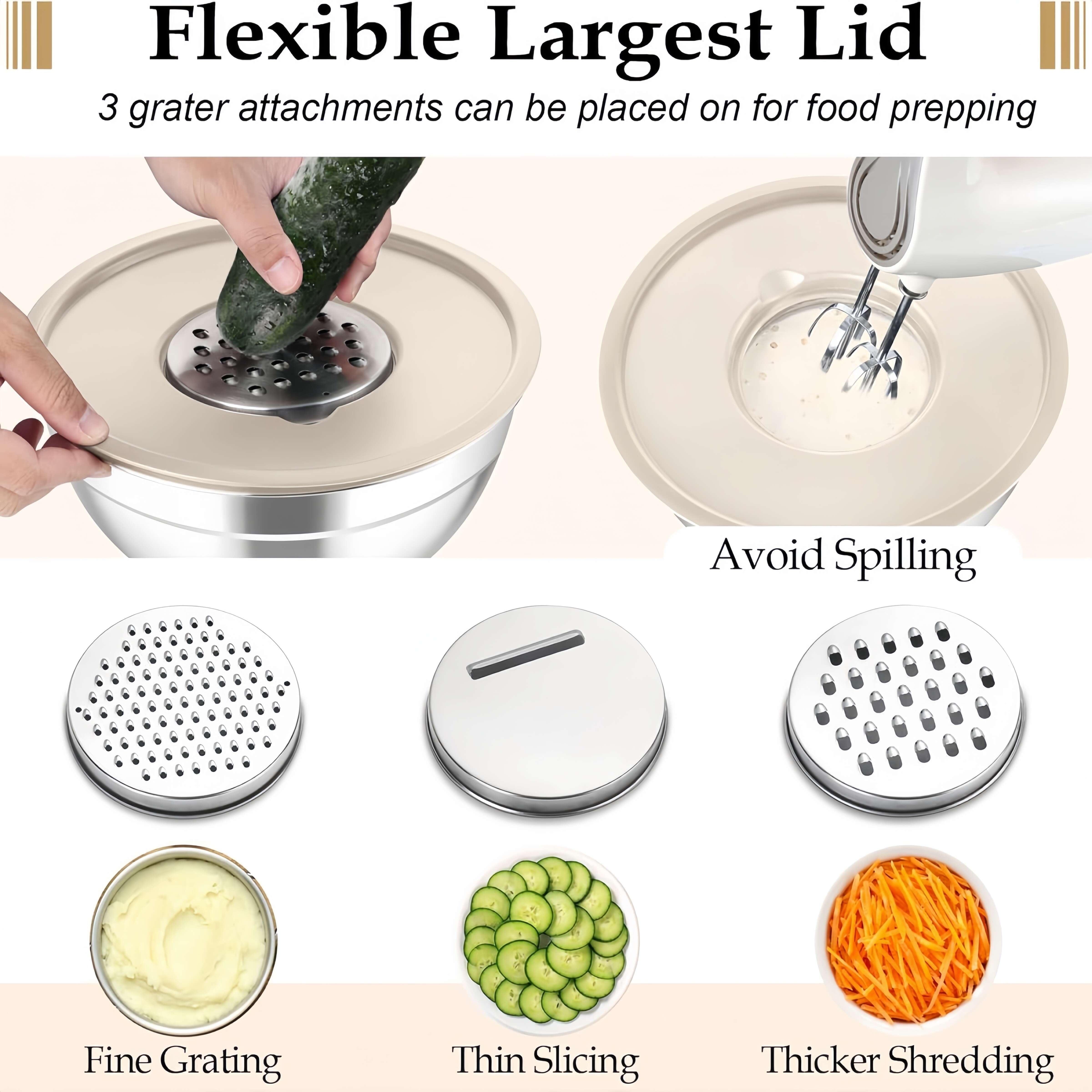 15-Piece Stainless Steel Mixing Bowls Set with Airtight Lids and Grater Attachments