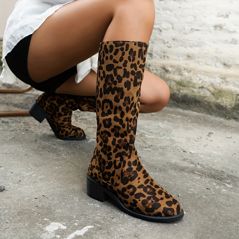 Women’s Leopard Print Mid-Calf Boots Velvet Side Zipper Anti-Slip