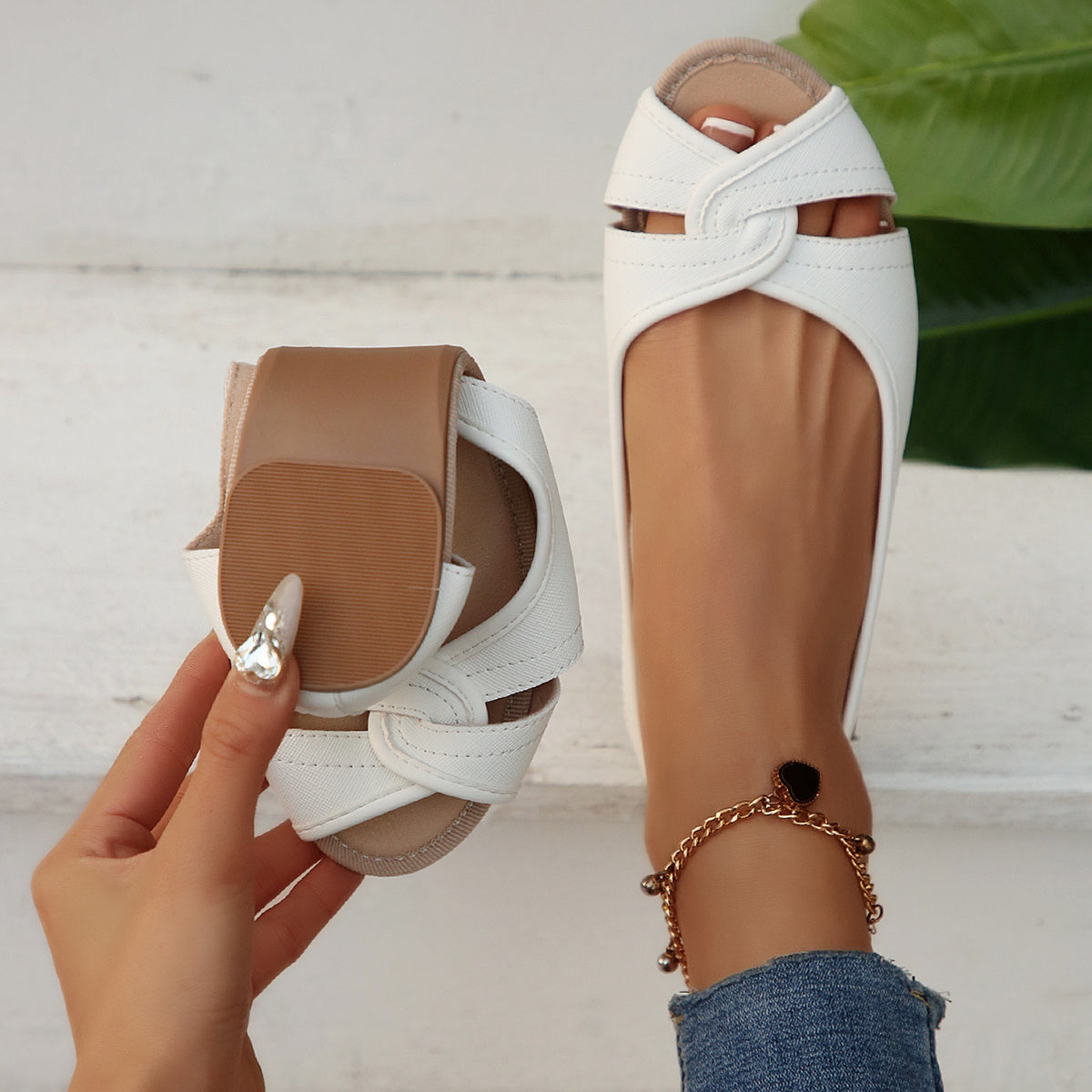 Women's White Cross-Strap Slip-On Flats Soft PU Casual Summer Shoes