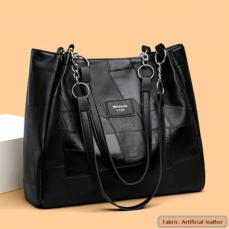 Black Quilted Faux Leather Tote Bag with Chain Strap for Travel and Shopping