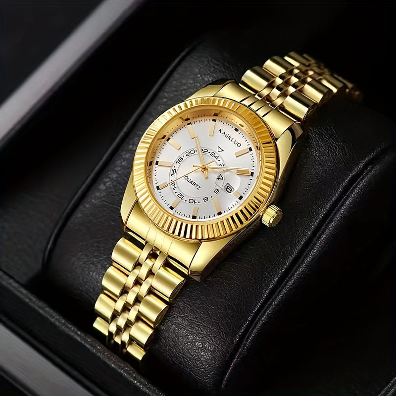 Women's Gold-Tone Quartz Watch with Date Display Roman Numerals Alloy Case Stainless Steel Band
