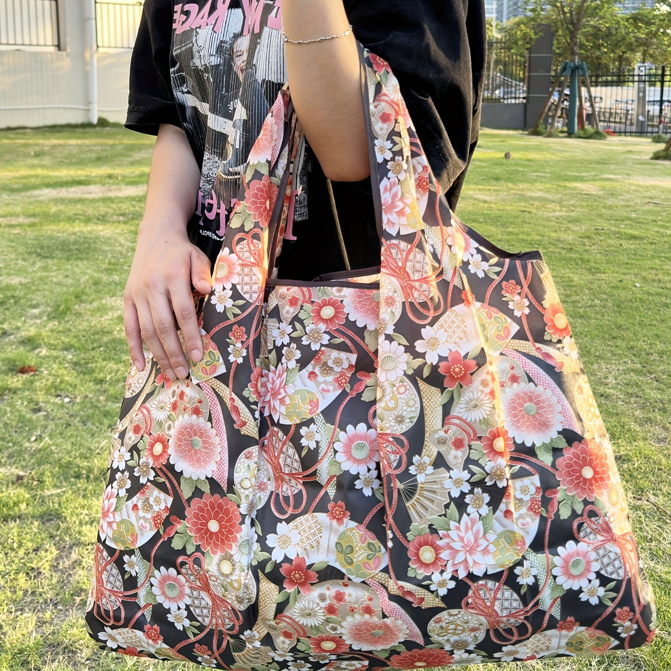 Large Waterproof Tote Bag with Cartoon Flower Pattern Lightweight and Spacious