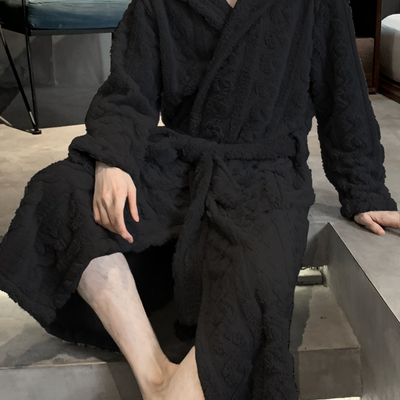 Men's Hooded Fleece Robe with Belt Soft Plush Flannel for Winter Casual Sleepwear