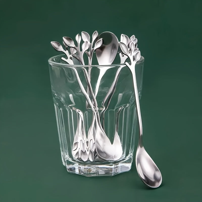 Juego de 8 cucharas de café de acero inoxidable con diseño de rama para remover postres y helado