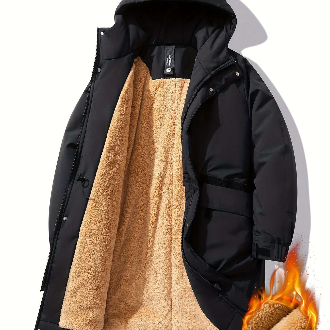 Men's Plus Size Winter Coat Hooded Long Jacket Fleece Lined Solid Polyester