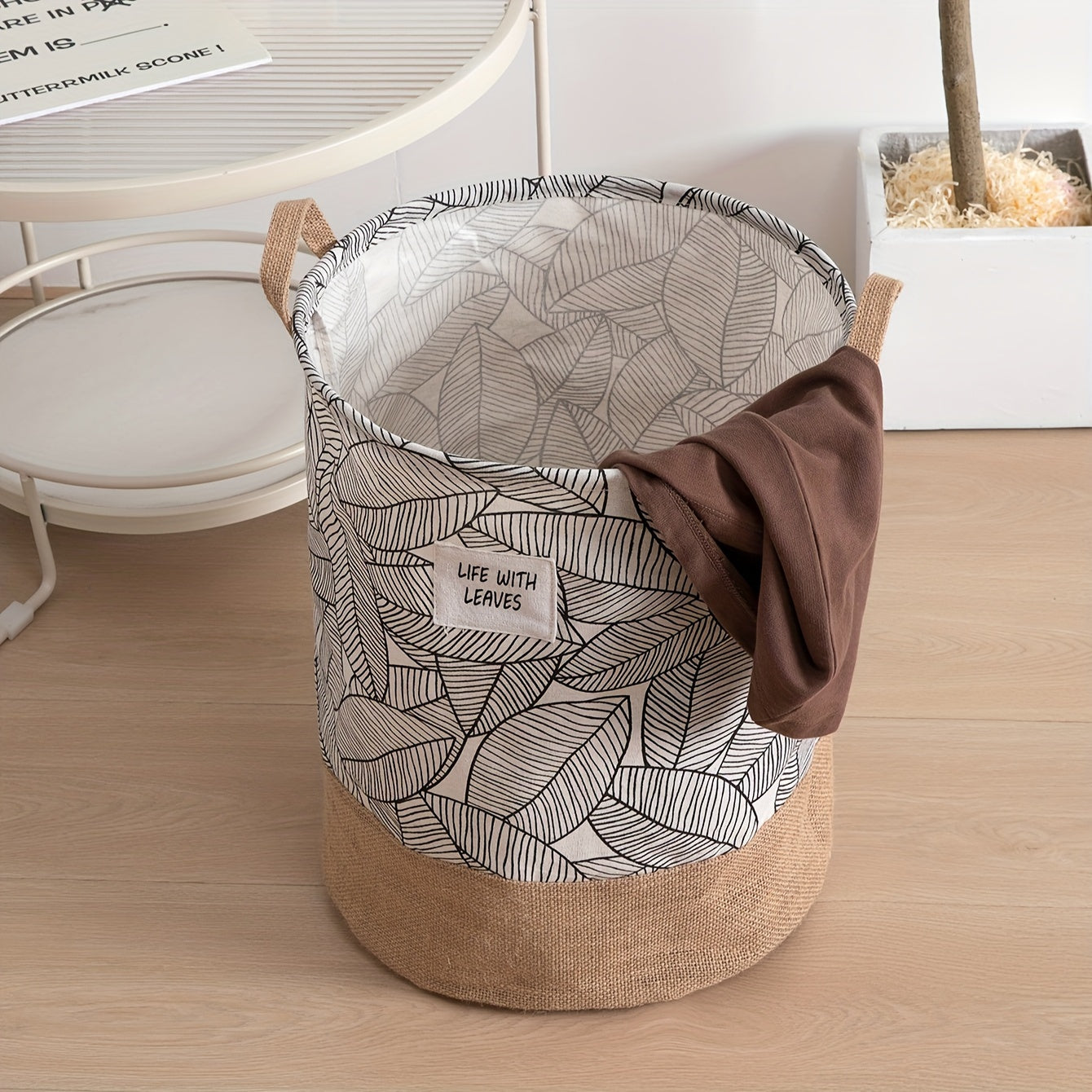 Cesto de yute impermeable redondo para ropa, juguetes y mantas, plegable con asas