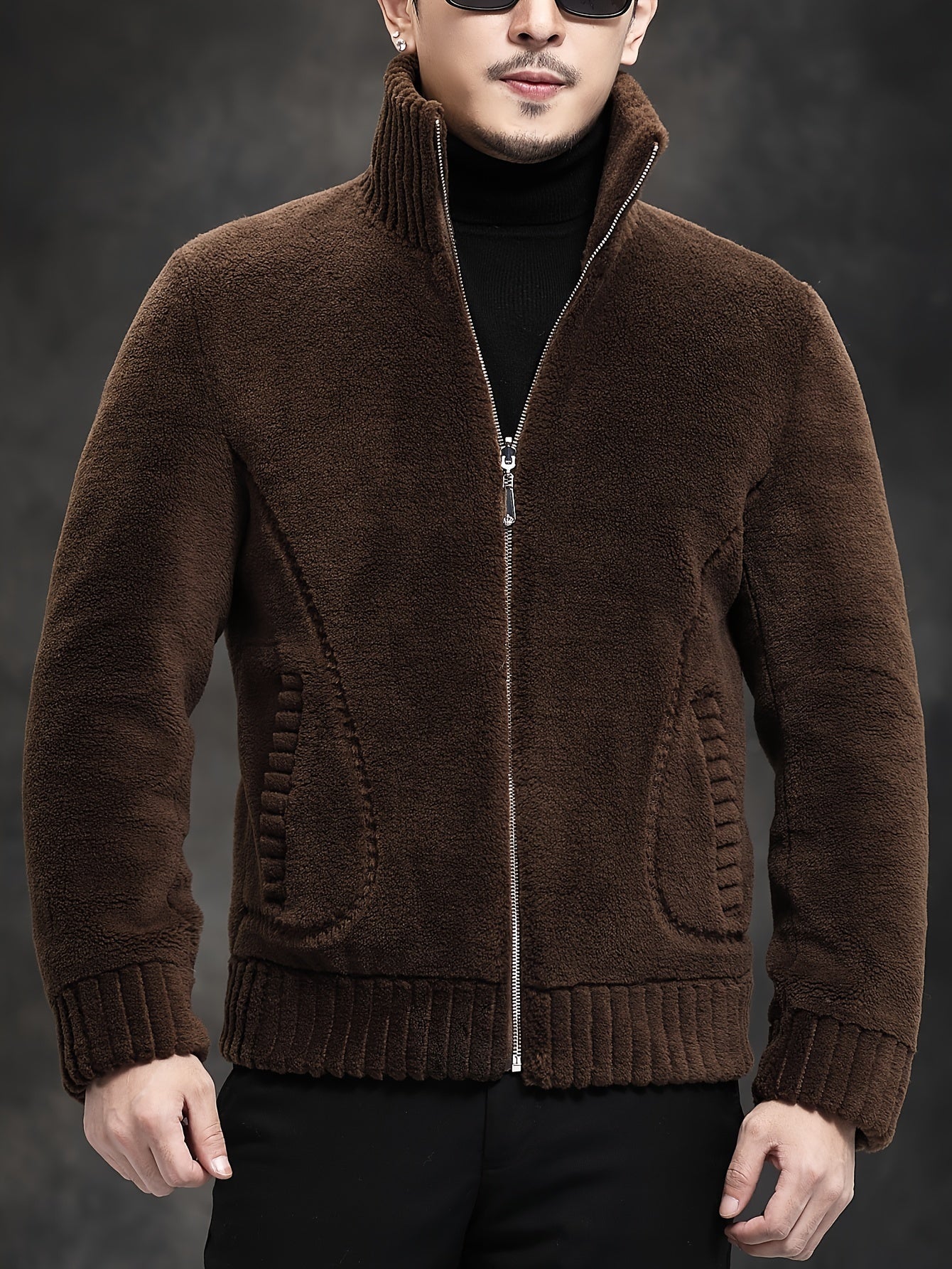 Men's Faux Fur Jacket Wool Polyester Solid Stand Collar Zipper Cold Resistant Outdoor