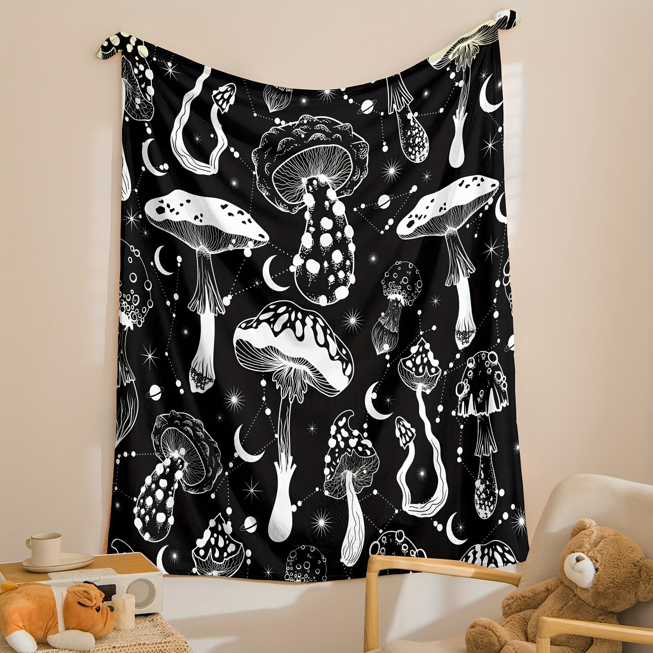 Black and White Mushroom Pattern Flannel Blanket for Cozy Naps and Snuggling