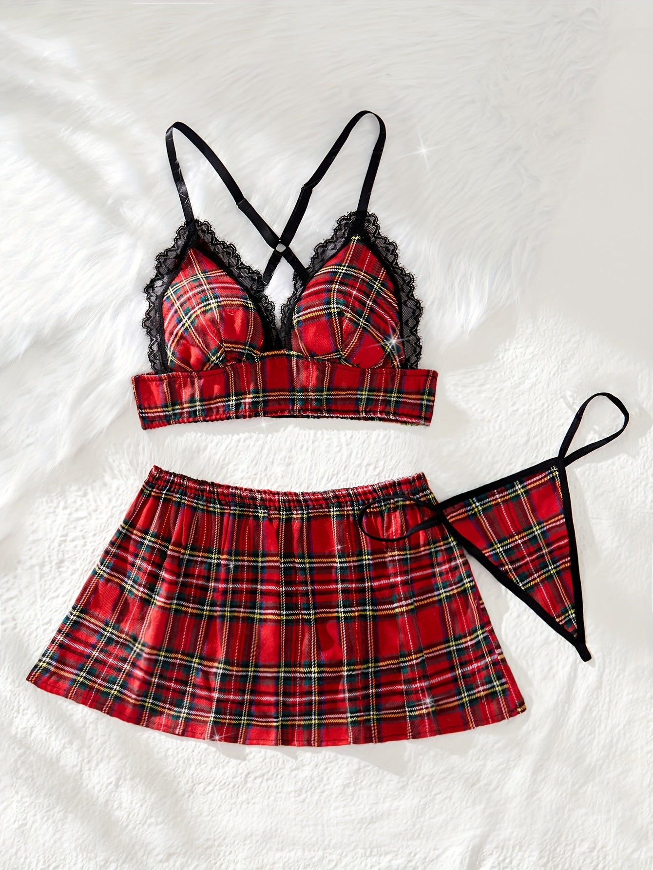 Women's Lingerie Set 3 Pieces Plaid Sexy Role Play Costume
