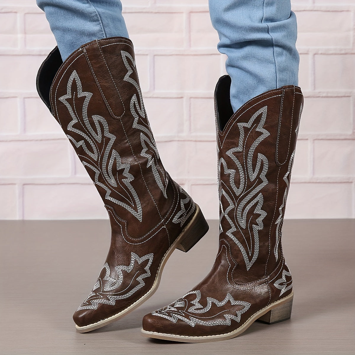 Women's Mid Calf Leather Western Cowboy Boots With Embroidery