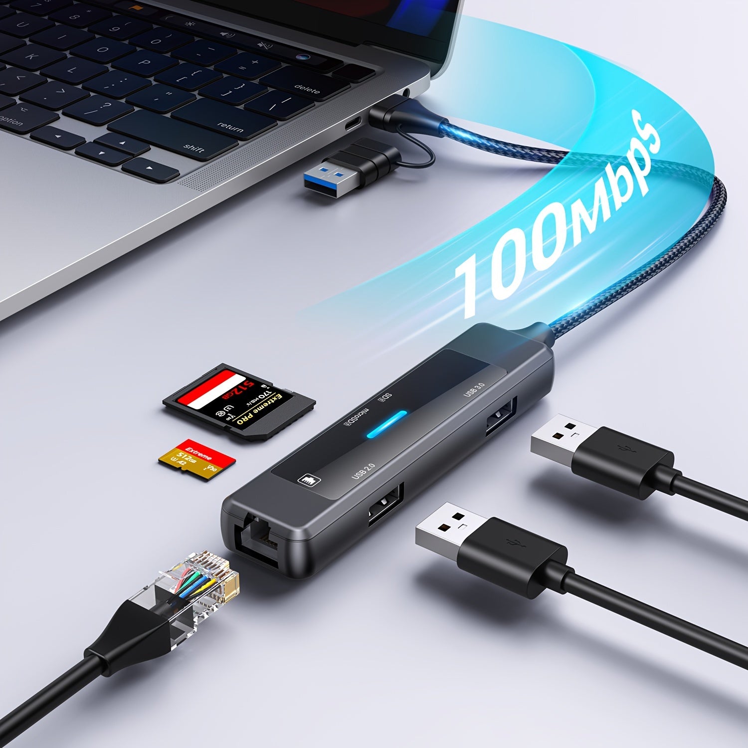 USB 3.0 adapter hub, Ethernet, Type-C quvvat porti va ikki USB porti bilan - turli qurilmalar bilan mos keladi.