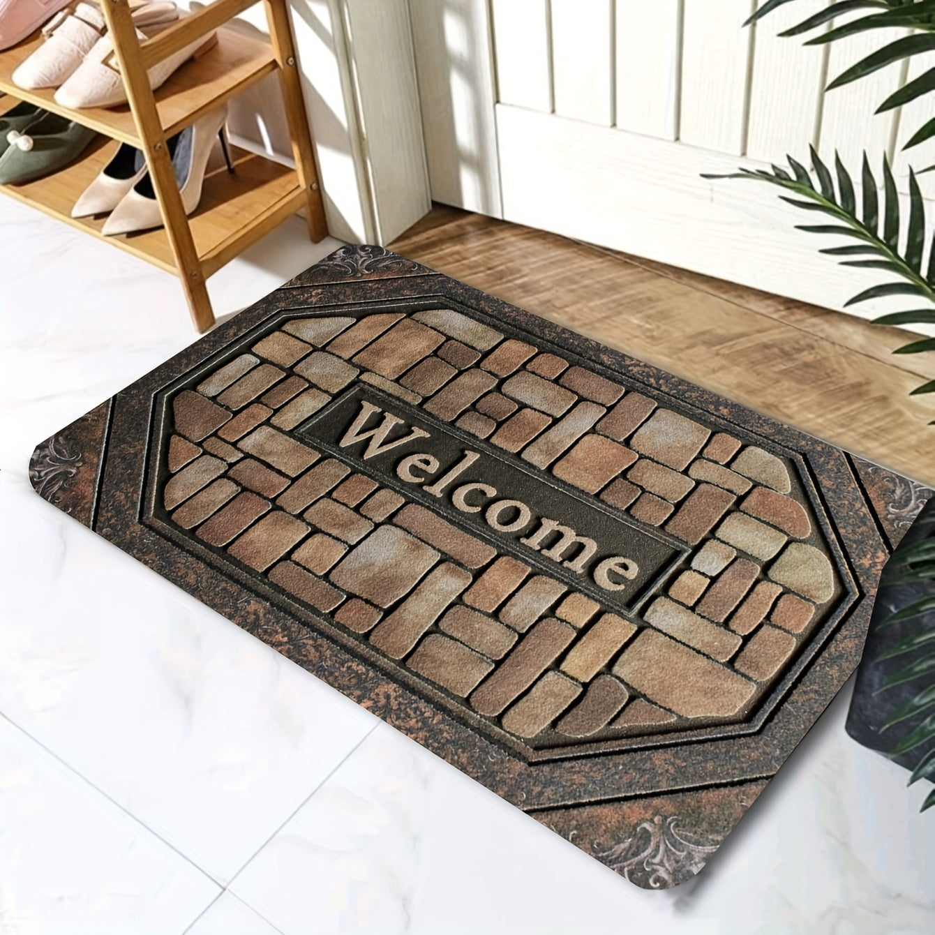 Polyester Welcome Doormat Non-Slip Rubber Backing Indoor Outdoor Rectangle Pebble Pattern