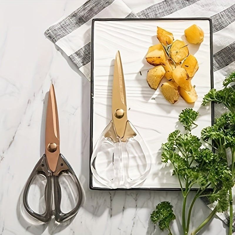 Stainless Steel Scissors with Gold Finish and Clear Handle for Kitchen and Office