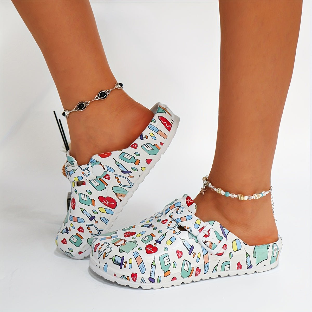 Women's Floral Print Mary Jane Slip-On Nurse Lab Shoes Non-Slip EVA