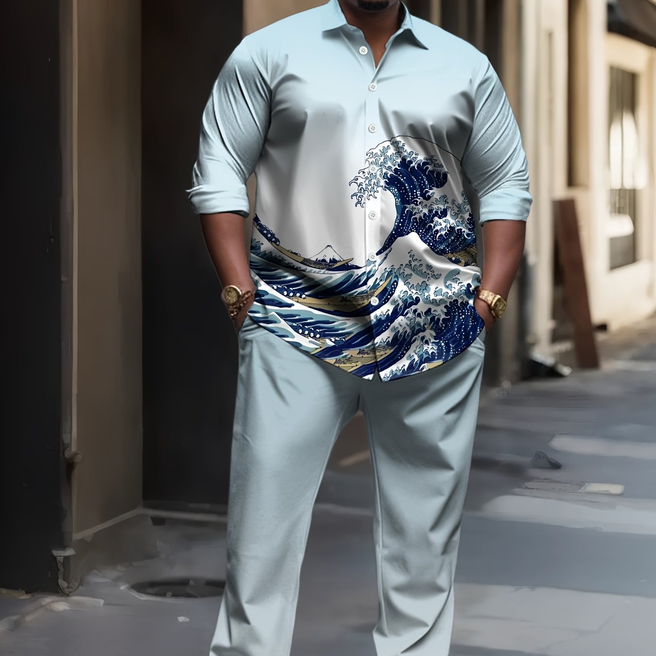 Plus Size Men's Knit Set Casual Striped Wave Pattern with Pockets Polyester Blend