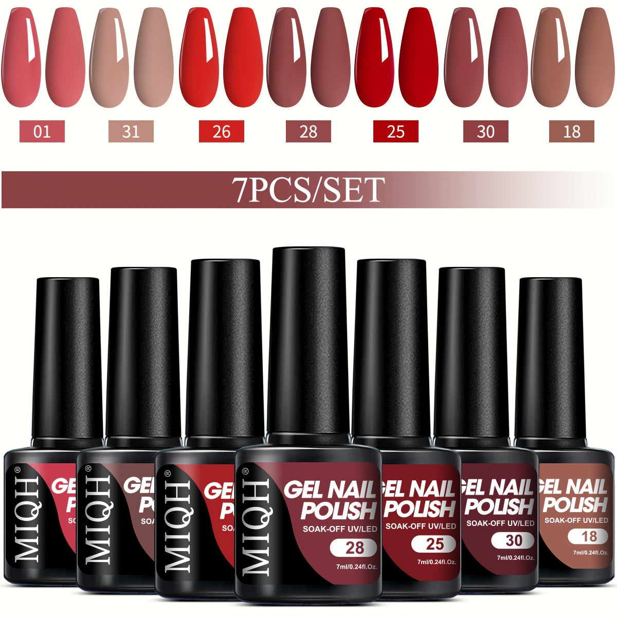 7-Piece Gel Nail Polish Set Black White Nude Semi-Permanent UV LED Soak Off