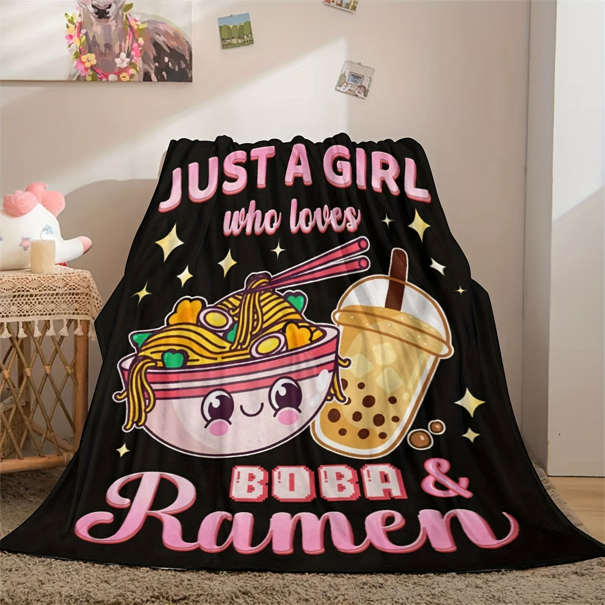 Подарочный набор: Плед Рамен Боба - Оставайтесь теплыми и уютными с этим милым пледом для мальчиков и девочек - Мягкий плюшевый черный плед с принтом для Рождества, кровати, дивана и путешествий