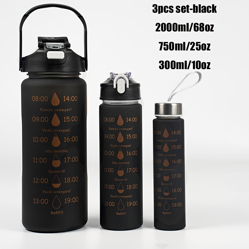 Set of 3 Sports Water Bottles with Time Marker Leakproof One-Click Open Lid for Fitness and Outdoor Activities