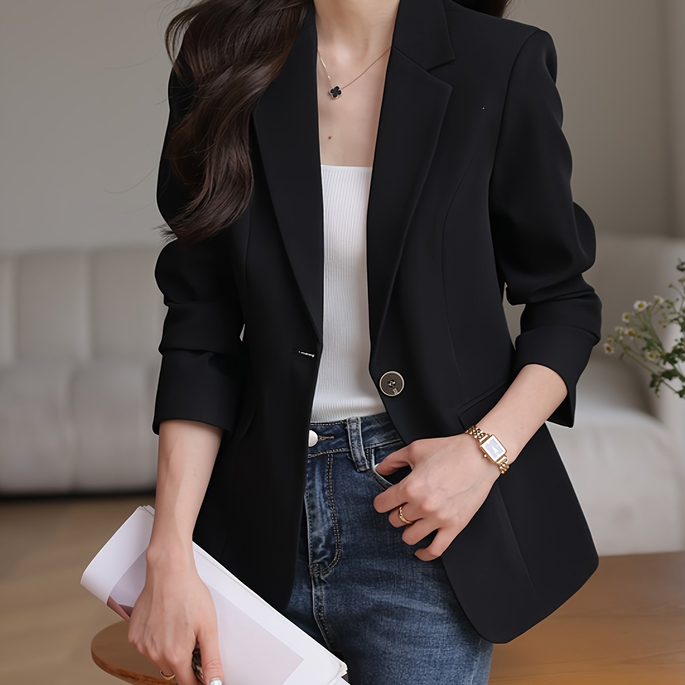 Korean-Style Small Suit for Women Autumn Winter Formal Long Sleeve Polyester Spandex