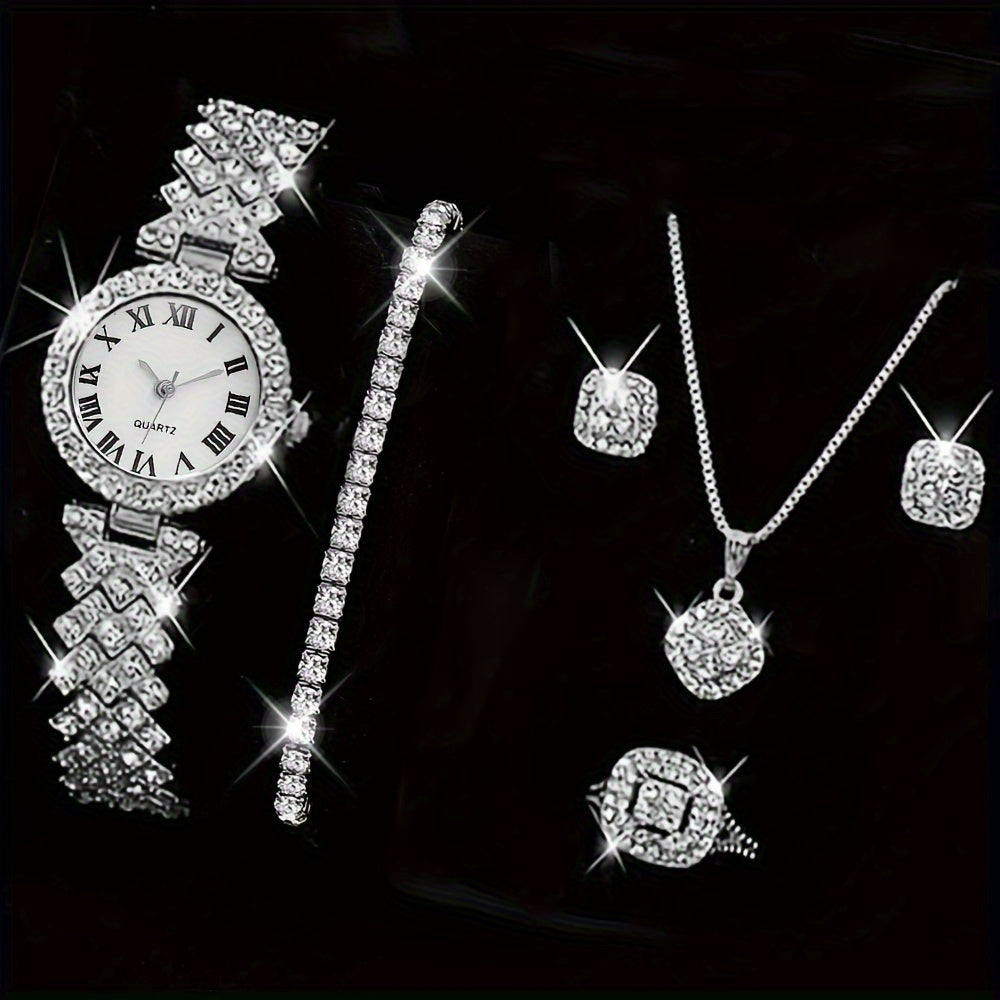 Women's Gold Tone Rhinestone Quartz Watch Set with Jewelry 6-Piece Gift Collection